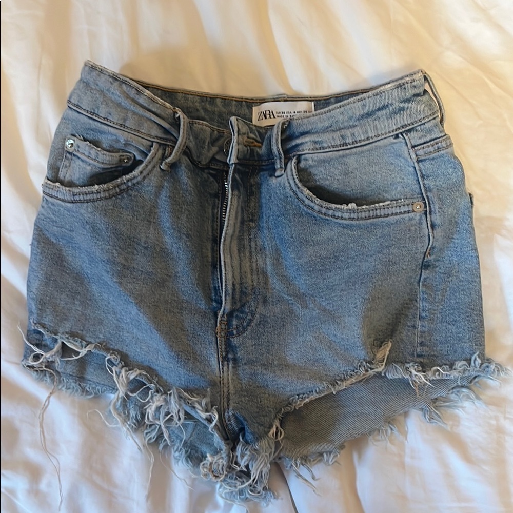 Zara Light Blue Frayed Jean Shorts